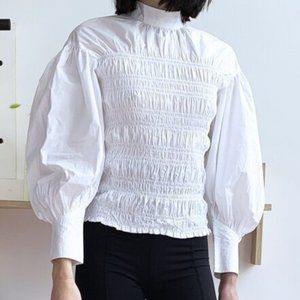 GANNI Smocked Poplin Puff Sleeve Blouse